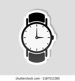 Classic hand watch with arrows, icon. Sticker style with white border and simple shadow on gray background