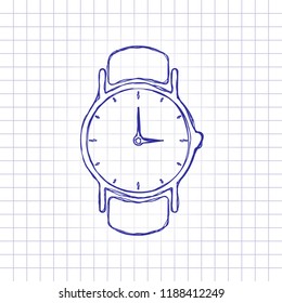 Classic hand watch with arrows, icon. Hand drawn picture on paper sheet. Blue ink, outline sketch style. Doodle on checkered background