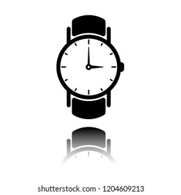 Classic hand watch with arrows, icon. Black icon with mirror reflection on white background