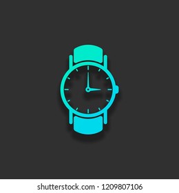 Classic hand watch with arrows, icon. Colorful logo concept with soft shadow on dark background. Icon color of azure ocean