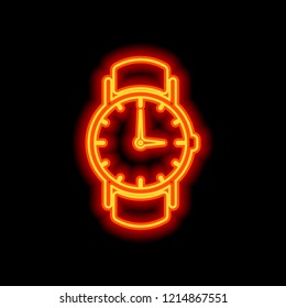 Classic hand watch with arrows, icon. Orange neon style on black background. Light icon