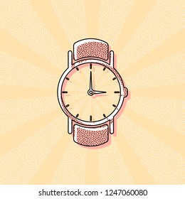 Classic hand watch with arrows, icon. Vintage retro typography with offset printing effect. Dots poster with comics pop art background