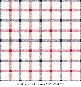 Classic Hand-Drawn Blue and Red Glun Club Plaid Checks on White Background Vector Seamless Pattern. Traditional Retro Textile Seamless Pattern Print Perfect for Fashion, Home decor, Stationery