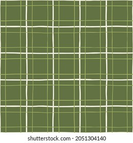 Classic Hand-Drawn Green, White Tartan Plaid Checks Vector Seamless Pattern. Traditional Retro Textile Print Perfect for Fashion, Home decor, Stationery