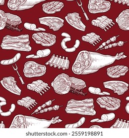 Classic hand-drawn illustration of different pork cuts, seamless pattern