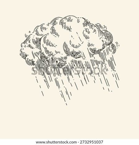 A classic hand-drawn ink illustration of a single cloud with rain falling, featuring detailed hatching and engraving techniques in a vintage style.