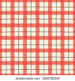 Classic Hand-Drawn Red, White Tartan Plaid Checks Vector Seamless Pattern. Traditional Retro Textile Print Perfect for Fashion, Home decor, Stationery