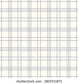 Classic Hand-Drawn White and Blue Stitched Plaid Checks Vector Seamless Pattern. Traditional Retro Textile Print Perfect for Fashion, Home decor, Stationery