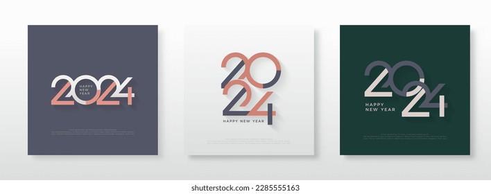 Clásico año nuevo feliz 2024. con números únicos y los últimos colores retro. Diseño vectorial premium para carteles, pancartas, plantillas y calendarios.