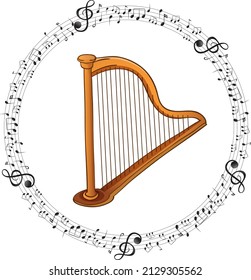 A classic harp with musical notes on white background illustration