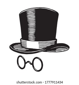 Classic hat and glasses, hand drawn illustration