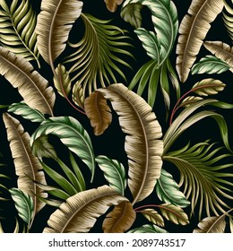 Classic Hawaiian seamless pattern with banana and palm leaves. Vector