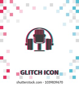 Classic headphones with microphone  glitch effect vector icon.