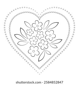 Classic heart with flowers and lace border on white background. Monochrome romantic design tattoo. Cute greeting card without text. Elegance floral coloring page