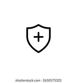 Um contorno clássico do escudo do aquecedor centralizado com um símbolo de adição. Projetado em um estilo de vetor 2D plano e minimalista.