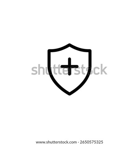 A classic heater shield outline centered with a plus symbol. Designed in a minimalist, flat 2D vector style.