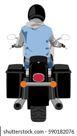 Classic heavy cruise motorcycle with clear front windshield with rider wearing sleeveless jeans jacket and helmet rear view isolated vector illustration