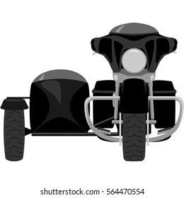 Classic heavy cruise motorcycle with side car front view isolated on white vector illustration