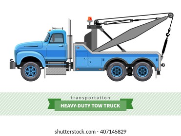 Classic Heavy Duty Tow Truck Side View. Vector Isolated Illustration