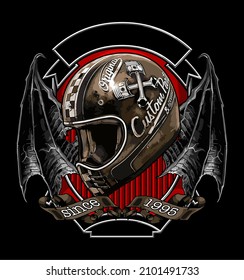 classic helmet and bat wings shield background, t-shirt design, biker, motorcycle club, patch, naked bike, cool helmet, arai, shoei, ls2, agv, shovelhead engine, panhead, knucklehead, vespa, labretta