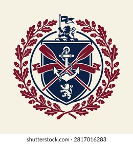 A classic heraldic crest featuring nautical elements and oak leaves