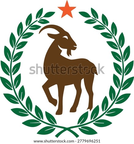 Classic heraldic vector emblem featuring a brown mountain goat silhouette with curved horns, framed by a green laurel wreath and topped with a red star. Timeless badge design symbolizing achievement, excellence, nature, and leadership. The laurel conveys victory and quality while the star adds distinction and aspiration. Perfect for organic farms, natural product brands, agricultural co-ops, universities, environmental organizations, premium food and dairy, and award-winning craft goods. Clean, balanced composition ideal for logos, packaging, labels, certifications, and corporate seals.