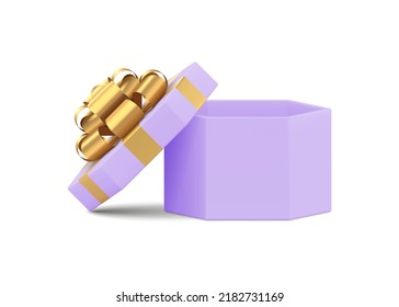 Clásica caja de cartón de laca hexagonal dorada cinta de lazo regalo vacaciones de almacenamiento de regalos celebrando la ilustración realista de vector 3d. Elegante paquete de regalo para el cumpleaños festivo, aislado de Navidad
