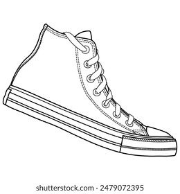 Classic high top sneakers, gym shoes. Classic vintage style, side view. Hand drawn detailed outline vector illustration.