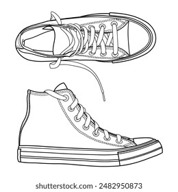 Classic high top sneakers, gym shoes. Classic vintage style, side and top view. Hand drawn detailed outline vector illustration.