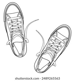 Classic high top sneakers, gym shoes. Classic vintage style, side and top view. Hand drawn detailed outline vector illustration.