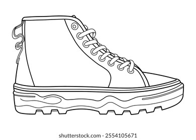 Classic high top sneakers, gym shoes. Classic vintage style, side and top view. Hand drawn detailed outline vector illustration.