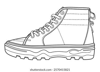 Classic high top sneakers, gym shoes. Classic vintage style, side and top view. Hand drawn detailed outline vector illustration.