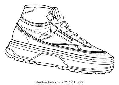 Classic high top sneakers, gym shoes. Classic vintage style, side and top view. Hand drawn detailed outline vector illustration.