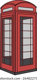 A classic and highly detailed vector illustration of a traditional British red telephone booth. This refined line art graphic captures the iconic architectural elements, including multiple window