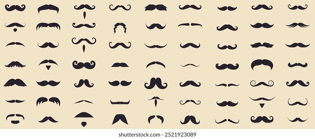 Ícone de bigode e barba define vetor. Bigode vintage, máscara de bigodes falsos engraçados e bigodes encaracolados retro. Diferente Mustache silhueta conjunto de vetor de desenhos animados. coleção de estilos de bigode italiano