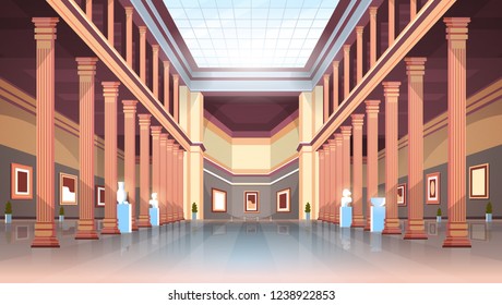 classic historic museum art gallery hall with columns and glass ceiling interior ancient exhibits and sculptures collection flat horizontal