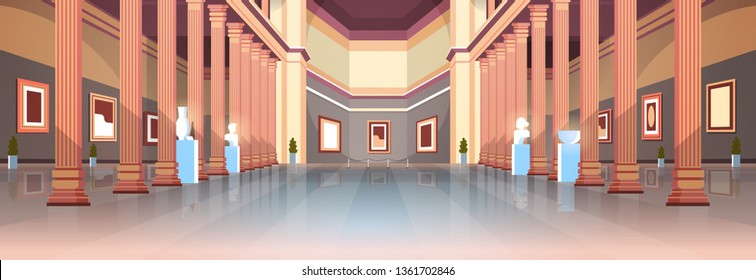 classic historic museum art gallery hall columns interior ancient exhibits and sculptures collection flat horizontal banner