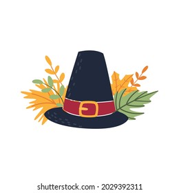 Classic holiday composition with traditional pilgrim headdress and fallen leaves. Cartoon flat icon for Thanksgiving parade, harvest day, autumn festival. Item, object, element, clipart for banner.