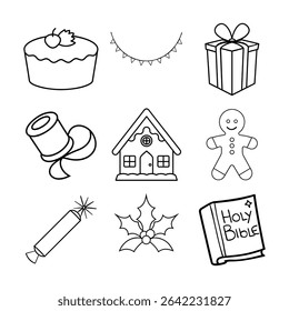 Classic holiday elements include fruitcake garland gift box gift ribbon spool gingerbread house gingerbread man cracker holly leaf and holy bible book Vector line art on white background.
