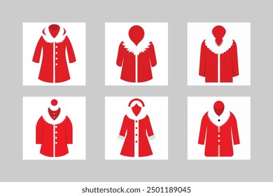 Classic Holiday Red Coat with White Fur Trim - Vector Illustration Set