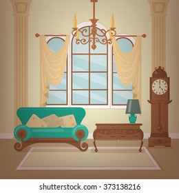 Classic Home Interior Of Living Room With A Chandelier And Vintage Clocks. Vector Illustration In Flat Style