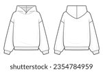 Classic Hoodie technical fashion illustration. hoodie vector template illustration. front and back view. oversized. drop shoulder. unisex. white color. CAD mockup.