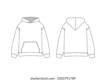 Classic Hoodie Technical Fashion Illustration Hoodie Vector Template Illustration Front and Back Views Oversized Drop Shoulder Unisex Hoodie CAD Design