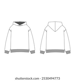 Classic hoodie technical fashion illustration. Oversized, drop shoulder unisex hoodie vector template in white, featuring front and back views. Ideal CAD mockup for design projects.