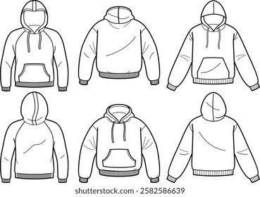 Classic Hoodie technical fashion illustration. hoodie vector template illustration. front and back view. oversized. drop shoulder. unisex. white color.