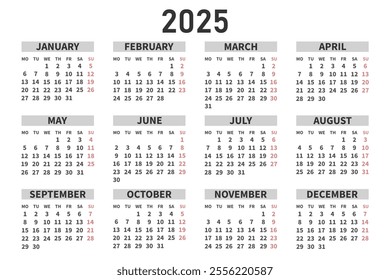 Classic horizontal calendar 2025 in English. Days, weeks and months. Print, vector