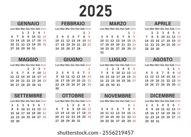 Classic horizontal calendar 2025 in Italian. Days, weeks and months. Print, vector