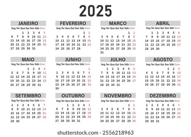 Classic horizontal calendar 2025 in Portuguese. Days, weeks and months. Print, vector