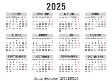 Classic horizontal calendar 2025 in Spanish. Days, weeks and months. Print, vector