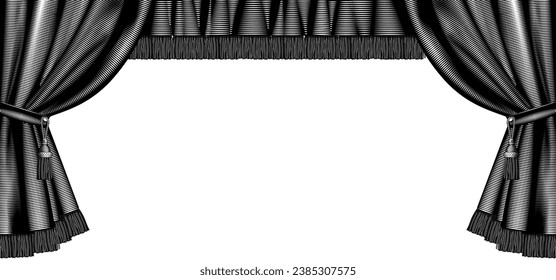 Classic horizontal curtain frame with tassel and fringe, isolated on white. Vintage engraving stylized drawing. Vector illustration